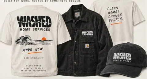 WASHED tees, black work jacket and cap with Made New slogans
