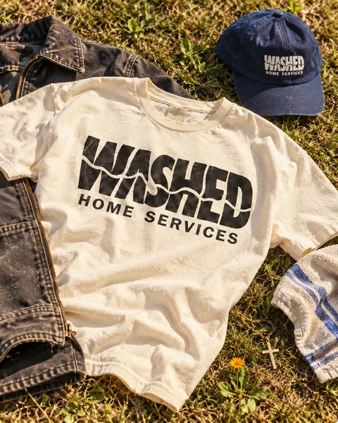 Cream WASHED tee and navy cap on sunlit grass
