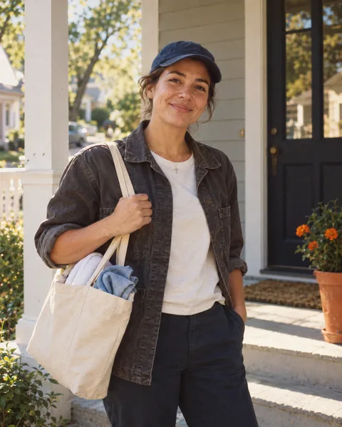 A smiling WASHED house cleaner in a navy cap and denim jacket on a sunny porch