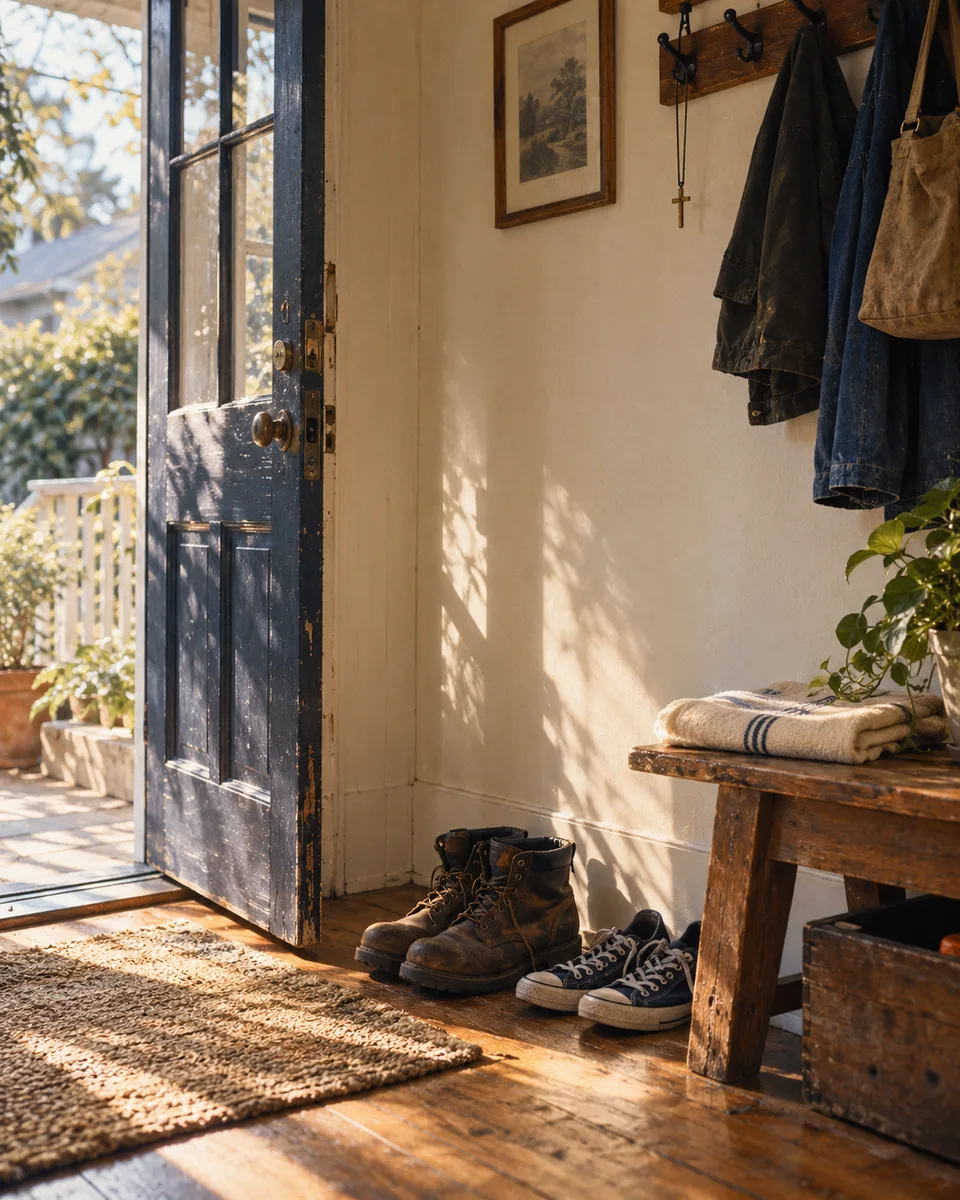 A sunlit, freshly cleaned entryway in an Edmonds home with an open blue door and boots on a wooden floor
