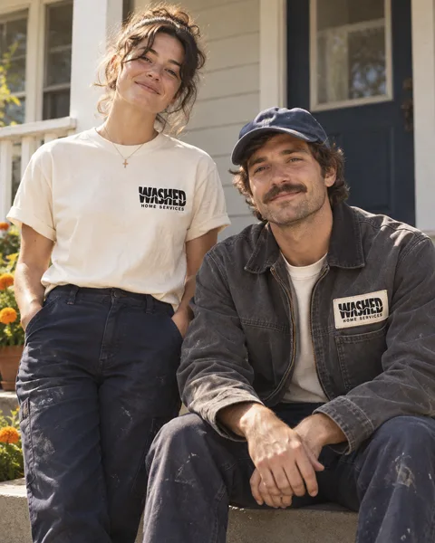 Two smiling WASHED house cleaners on the front steps of an Edmonds home