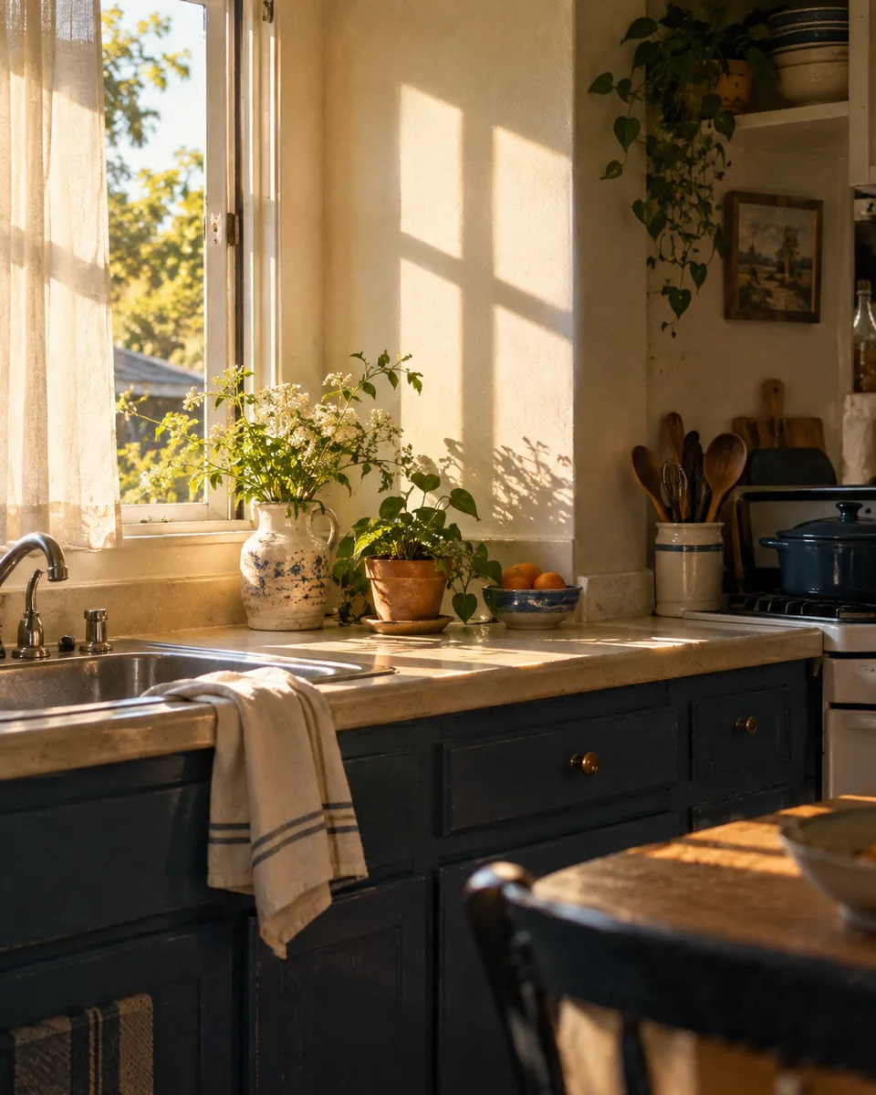 A warm, sunlit kitchen with navy cabinets in a Seattle-area home
