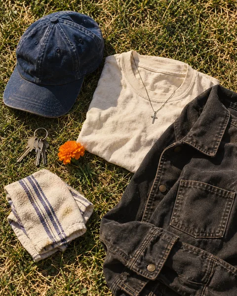 Navy cap, cream tee with a cross necklace, denim jacket and a marigold on grass