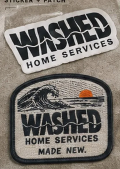 WASHED sticker and embroidered patch with a wave and orange sun