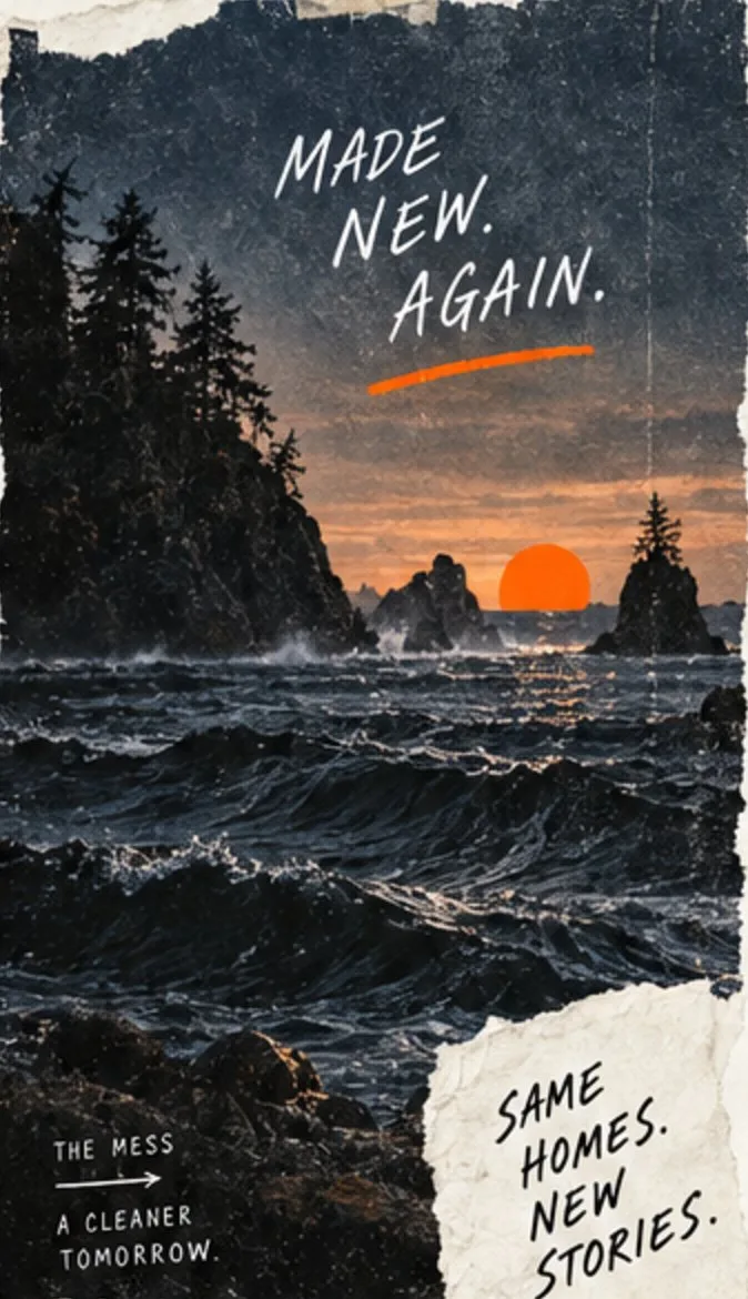 A Pacific Northwest coastline at sunset with an orange sun and the words Made new. Again.