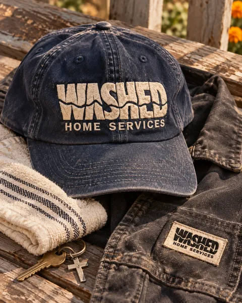 Navy WASHED cap on a dark work jacket with a matching patch